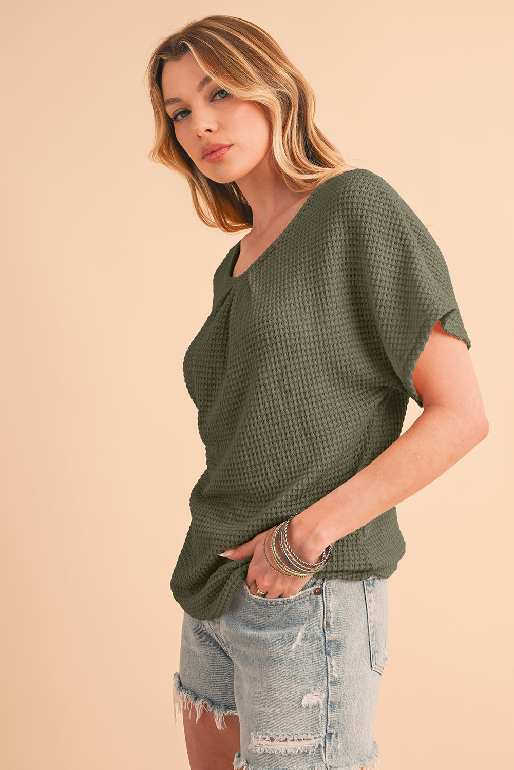 Oatmeal Guipure Lace Splicing Back Waffle Textured T-shirt - Cowaa
