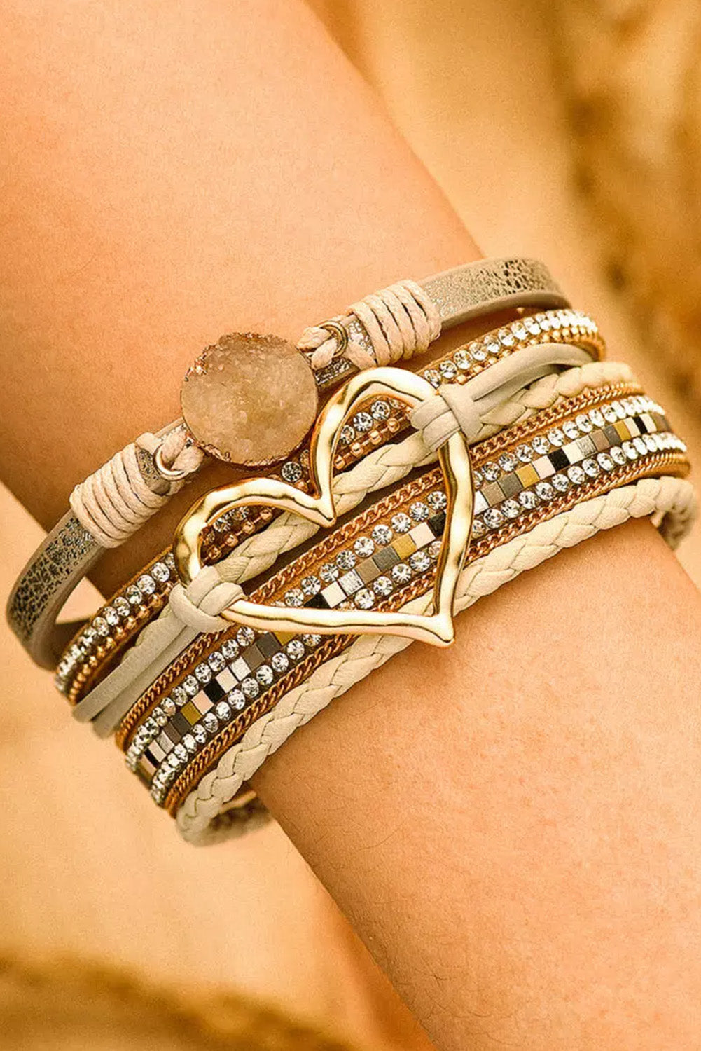Beige Bohemian Heart Rhinestone Magnetic Buckle Bracelet - Cowaa
