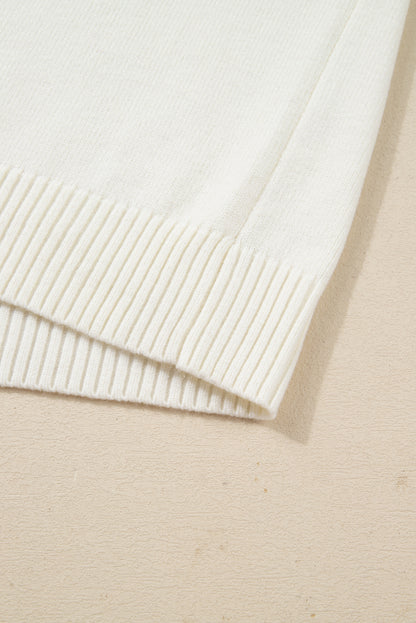 White Plaid Heart Embroidered Cuffed Drop Shoulder Crew Neck Sweater