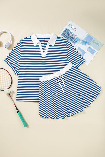 Blue Stripe Short Sleeve Collared V Neck Top Plus Size Skort Set