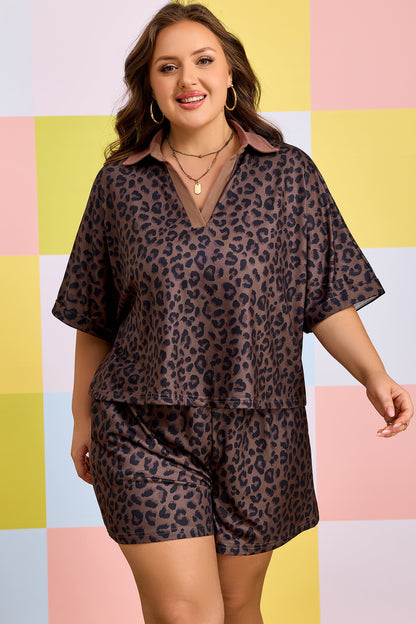 Brown Plus Size Leopard Short Set