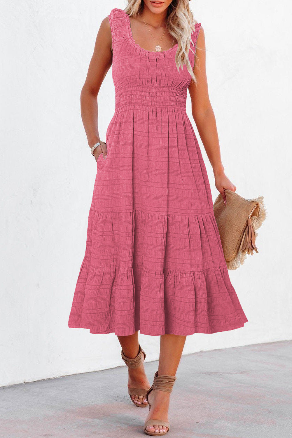 Rose Shirred Pleated Square Neck Sleeveless Midi Dress - Cowaa