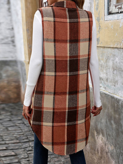 Pocketed Button Up Plaid Vest - Cowaa