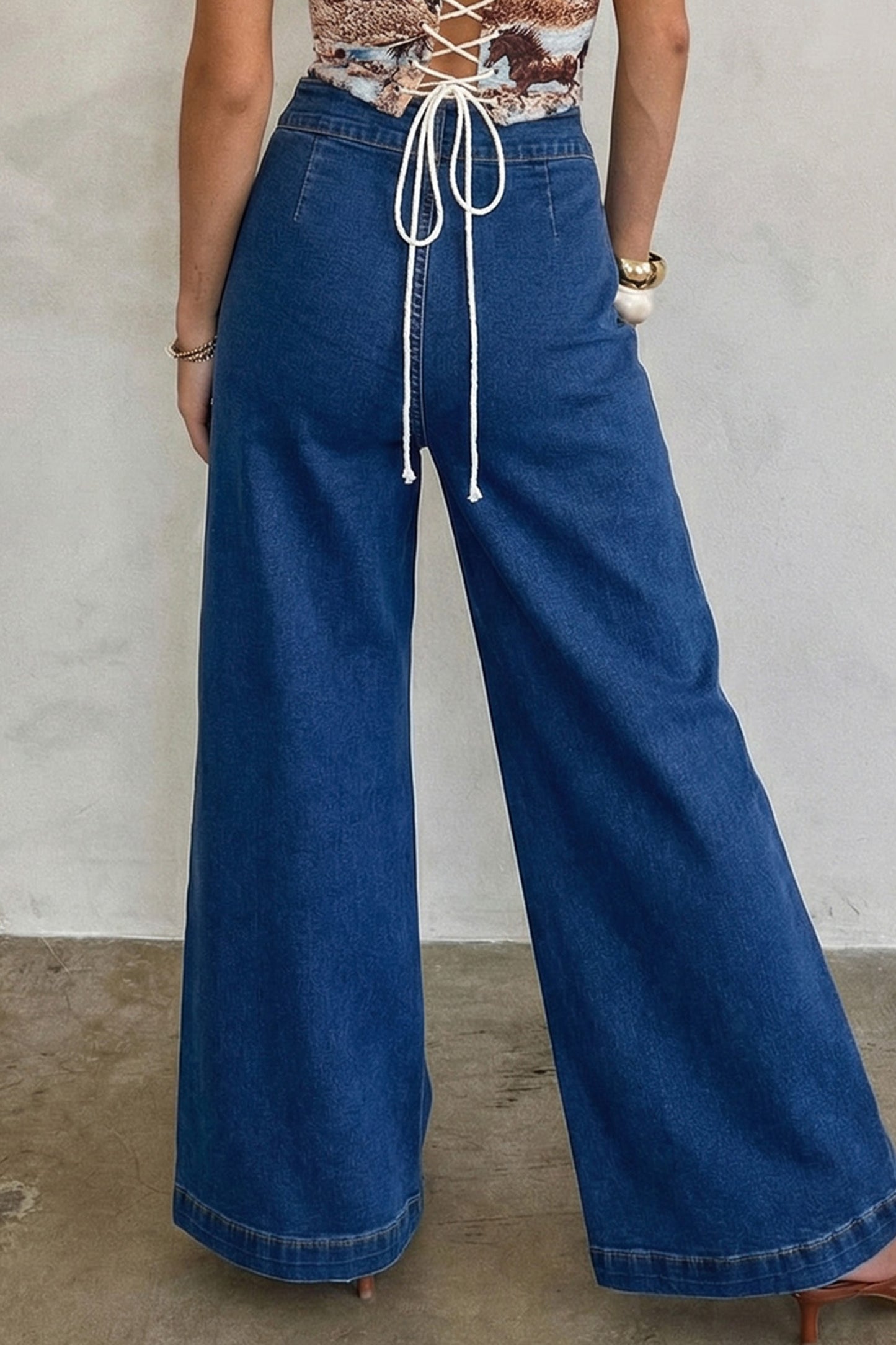 Sail Blue Hardware Decor Patched Pockets Wide Leg Denim Pants.