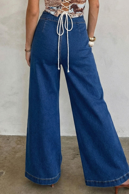 Sail Blue Hardware Decor Patched Pockets Wide Leg Denim Pants.