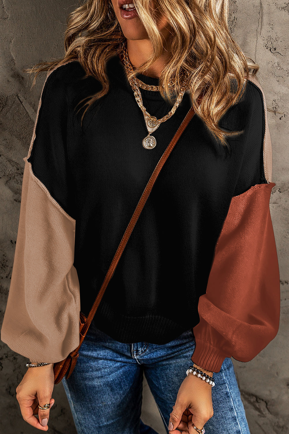 Bishop Sleeve Exposed Seam Ribbed Trim Sweater - Cowaa