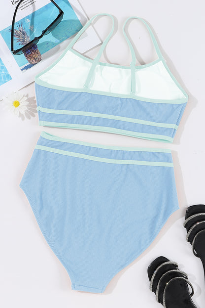 Beau Blue Stylish Ribbed Contrast Trim Spaghetti Straps 2pcs Bikini Swimsuit