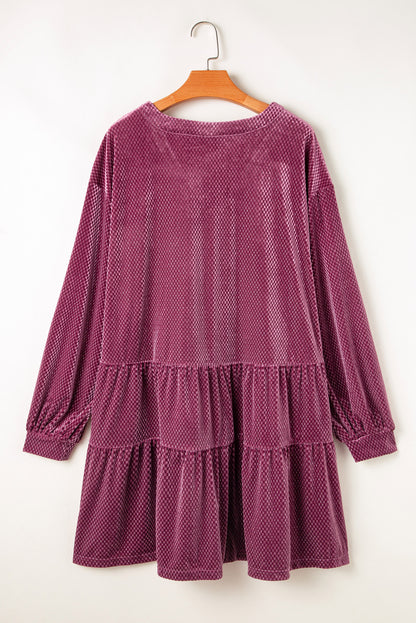 Meadow Mauve Plus Size Textured Velvet Tiered Buttons Tiered Dress - Cowaa