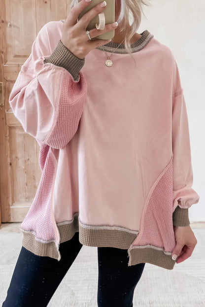 Light Pink Colorblock Waffle Patchwork Oversize Sweatshirt - Cowaa