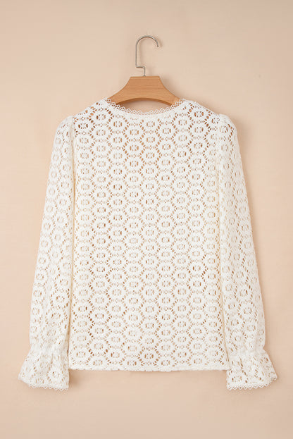 Beige Flower Lace V Neck Ruffled Sleeve Top