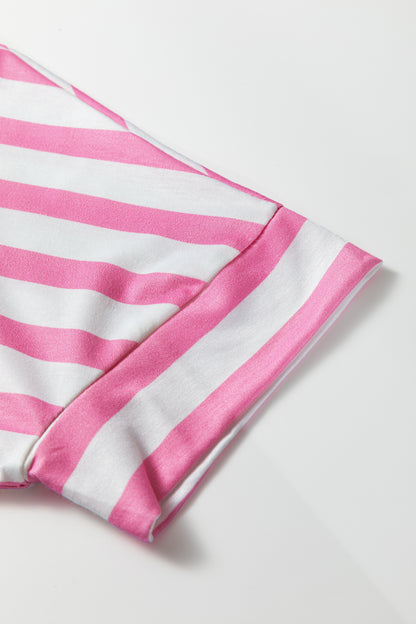 Pink Stripe V Neck Patched Pocket Casual T Shirt - Cowaa
