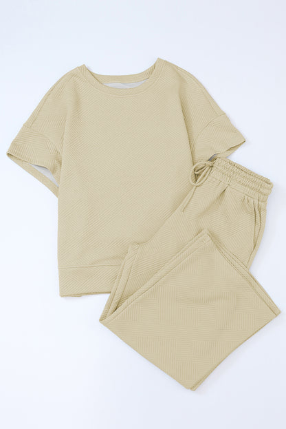 Navy Blue Textured Loose Fit T Shirt and Drawstring Pants Set - Cowaa