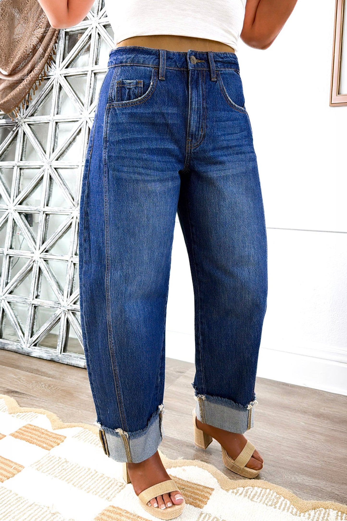 Myosotis Raw Hem Turnup Loose Ankle-length Jeans