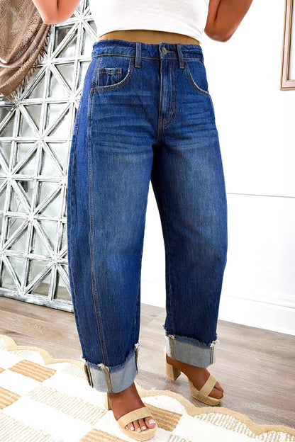 Myosotis Raw Hem Turnup Loose Ankle-length Jeans