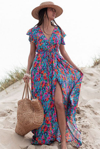 Blue Boho Floral Print V Neck Wrap Split Maxi Dress - Cowaa