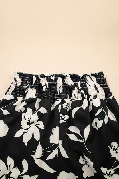 Black Floral Print Smocked High Waist Wide Leg Pants