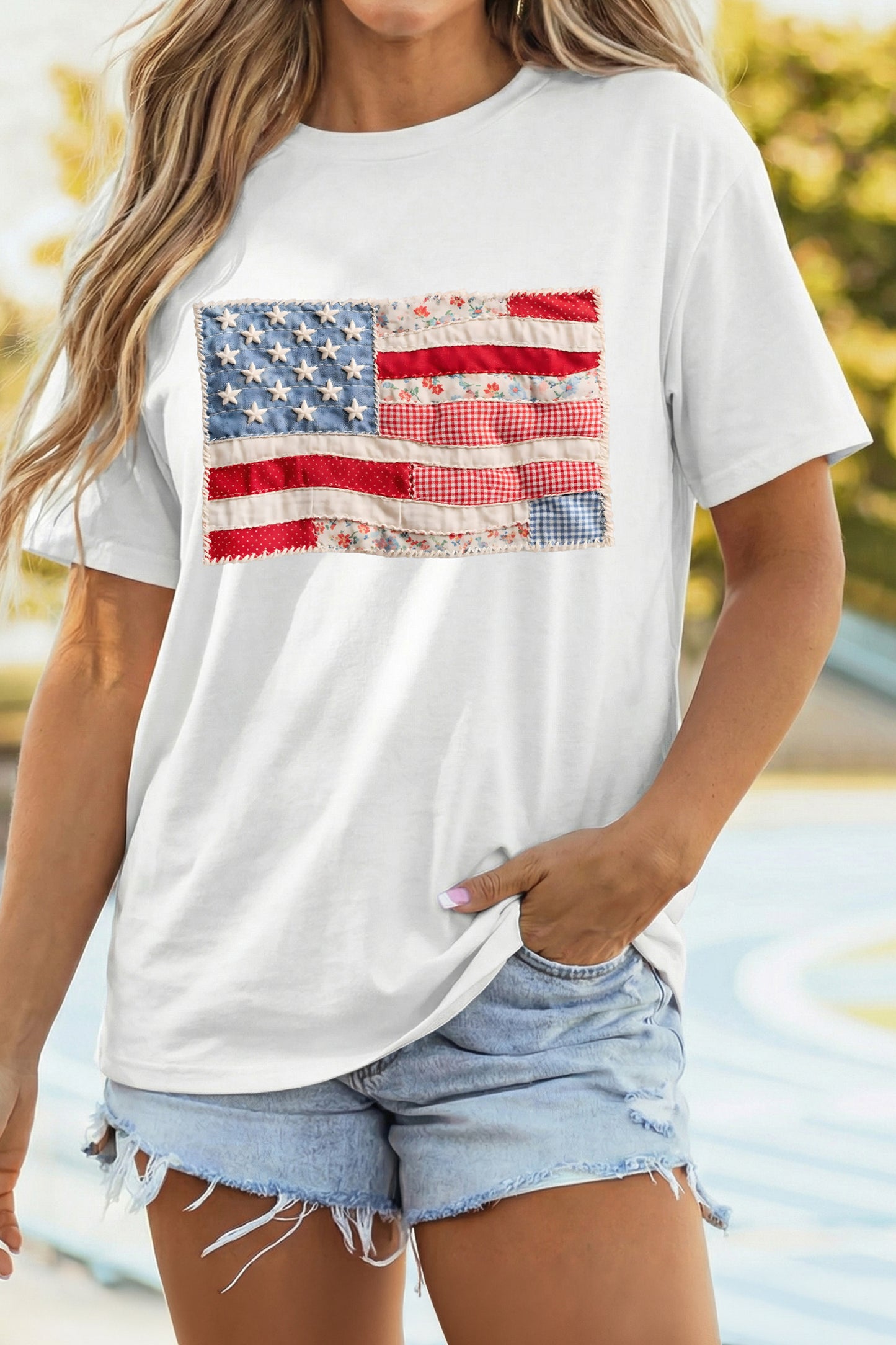 White Faux Patchwork Printed US Flag Casual Tee - Cowaa