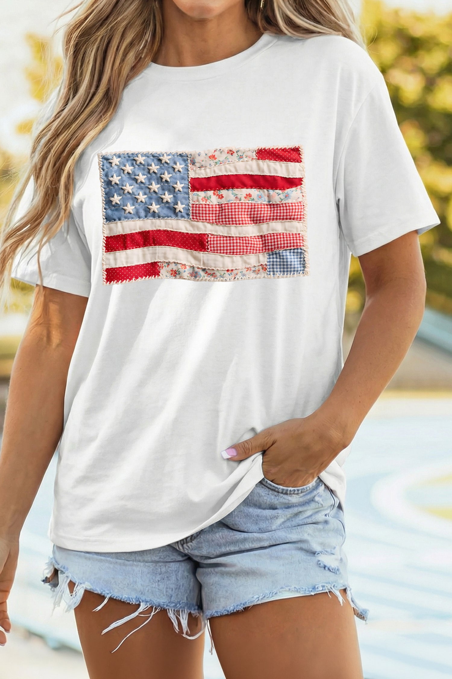 White Faux Patchwork Printed US Flag Casual Tee - Cowaa