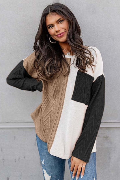 Long Sleeve Colorblock Chest Pocket Textured Knit Top - Cowaa