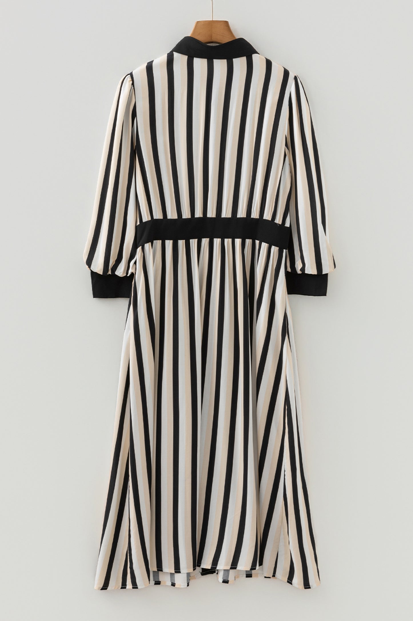 Black Stripe 3/4 Puff Sleeve Shirt Style Button Down Midi Dress - Cowaa