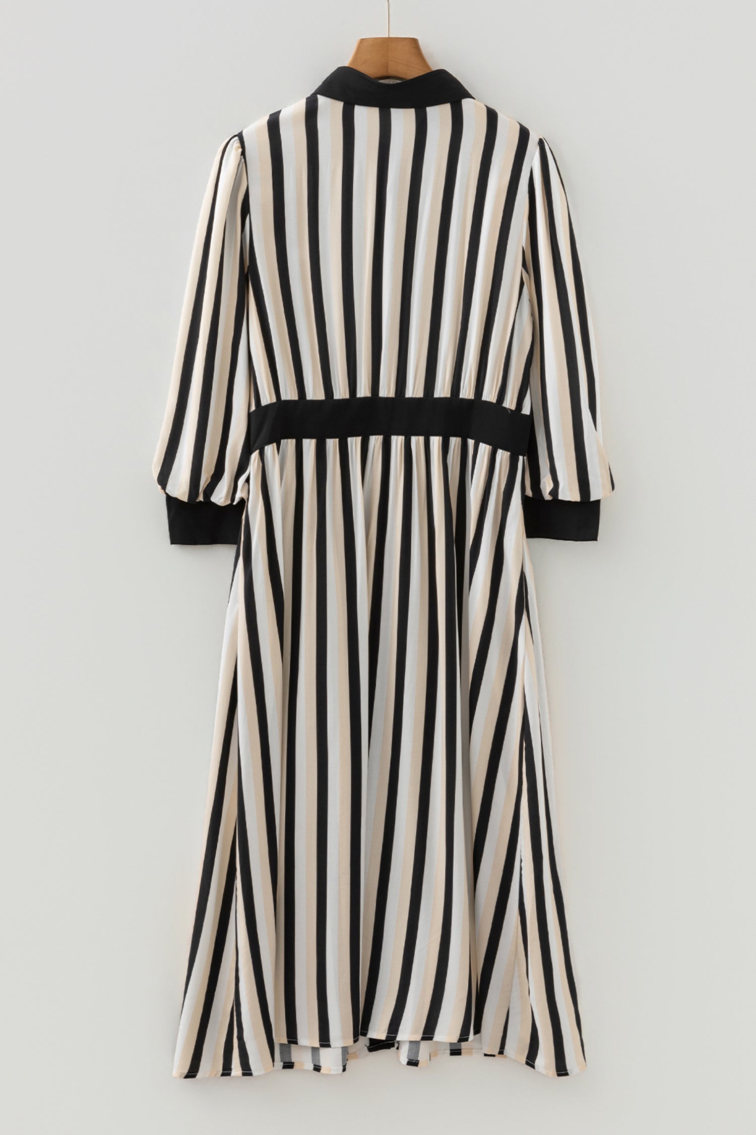 Black Stripe 3/4 Puff Sleeve Shirt Style Button Down Midi Dress - Cowaa