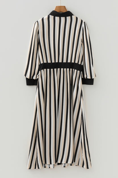 Black Stripe 3/4 Puff Sleeve Shirt Style Button Down Midi Dress - Cowaa