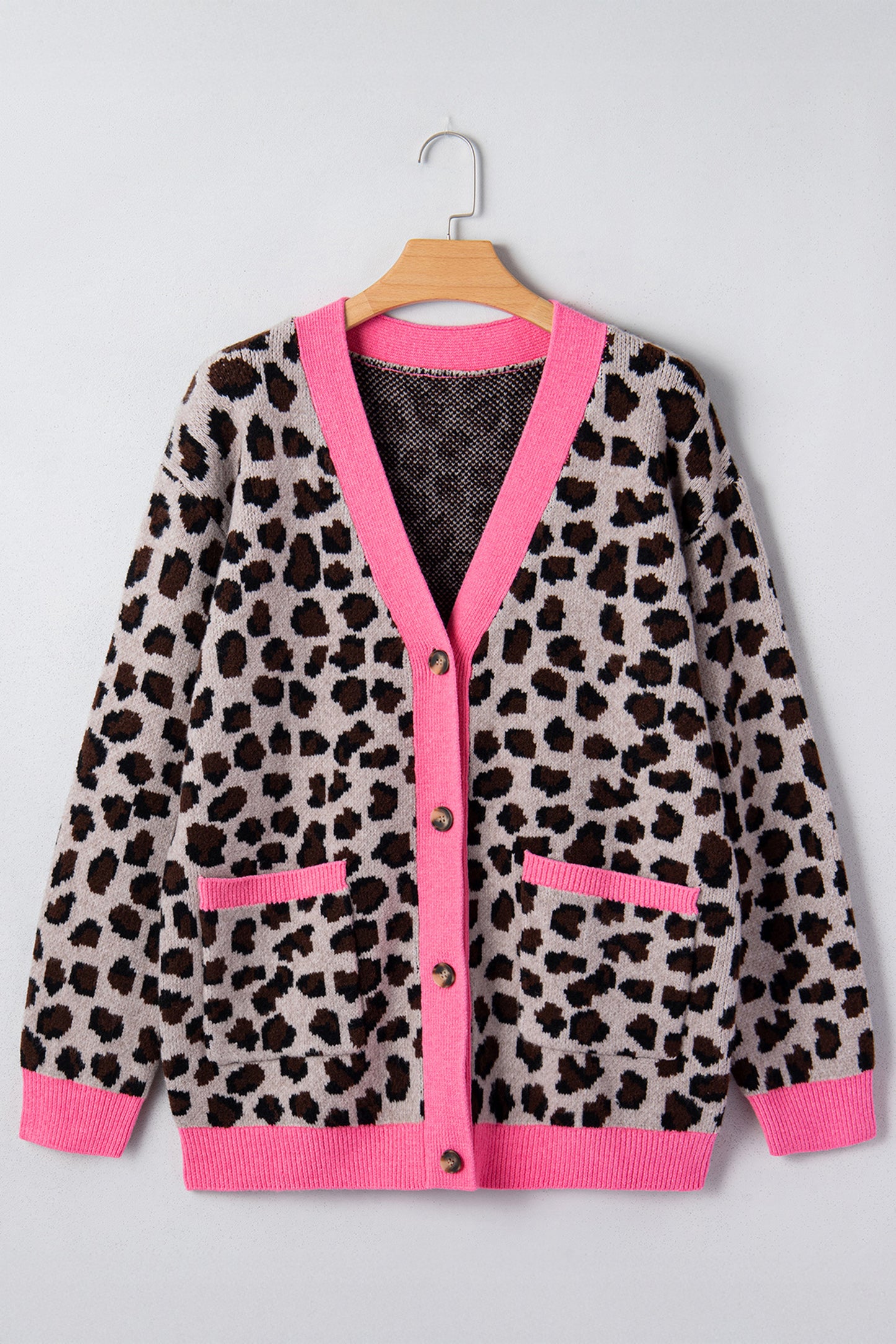 Khaki Oversize Color Block Trim Button Down Leopard Print Cardigan - Cowaa