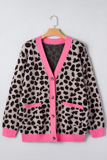 Khaki Oversize Color Block Trim Button Down Leopard Print Cardigan - Cowaa