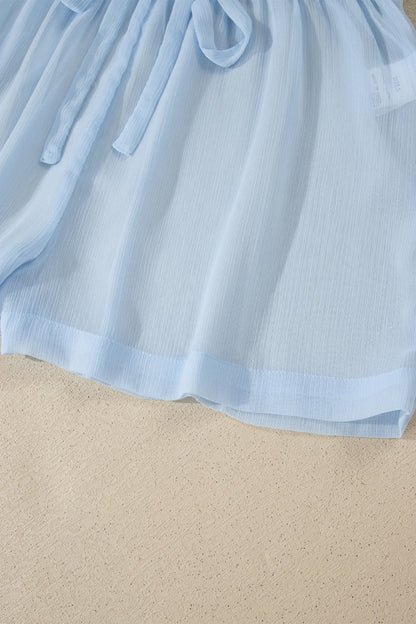 Beau Blue Sheer Tunic Shirt Drawstring Shorts 2pcs Swim Cover Up - Cowaa