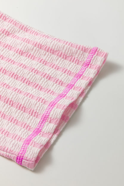 Pink Stripe Textured Knit Split Hem Half Sleeve Loose Top - Cowaa