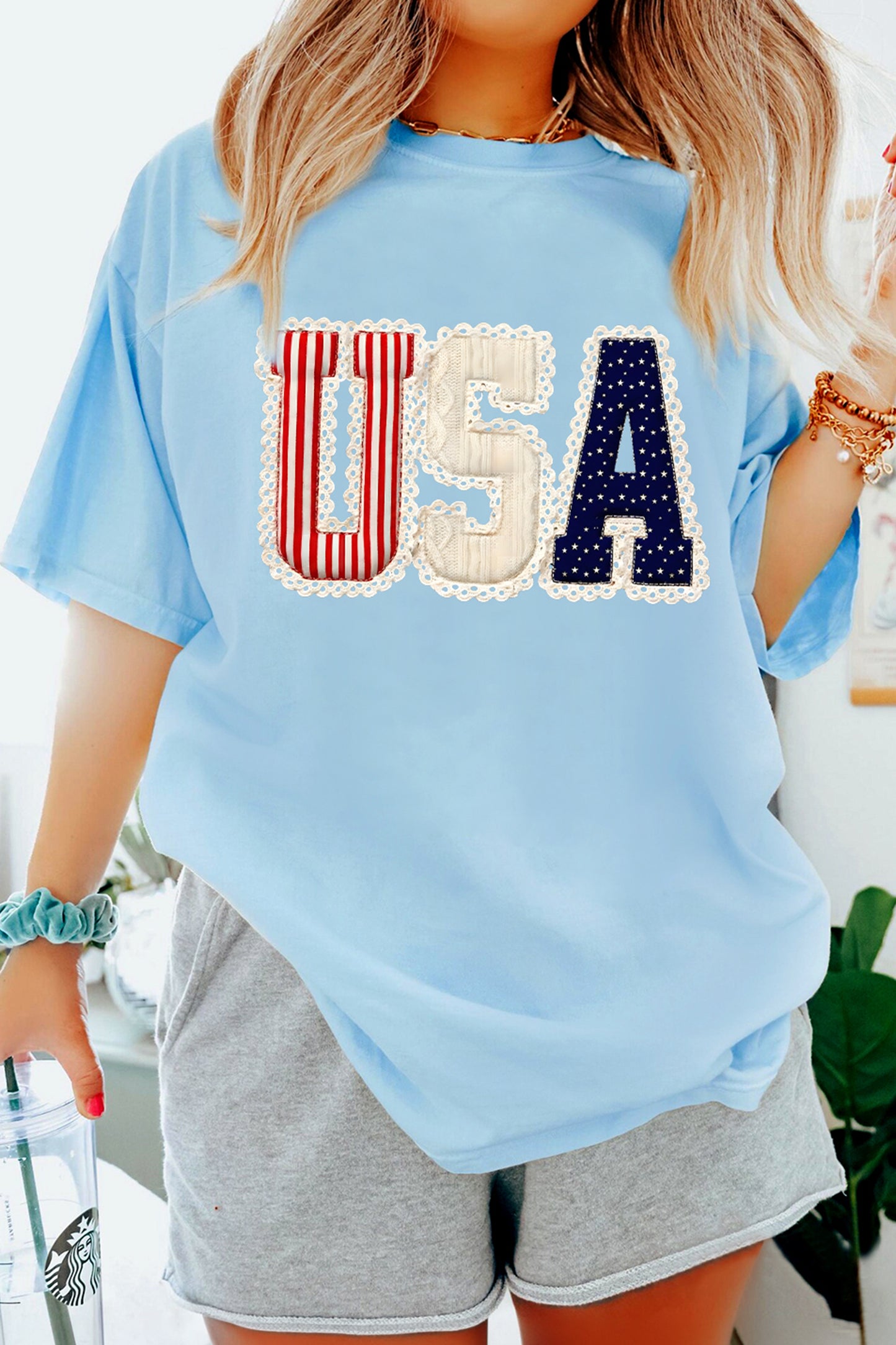 Light Blue USA Patriotic Printed T Shirt - Cowaa