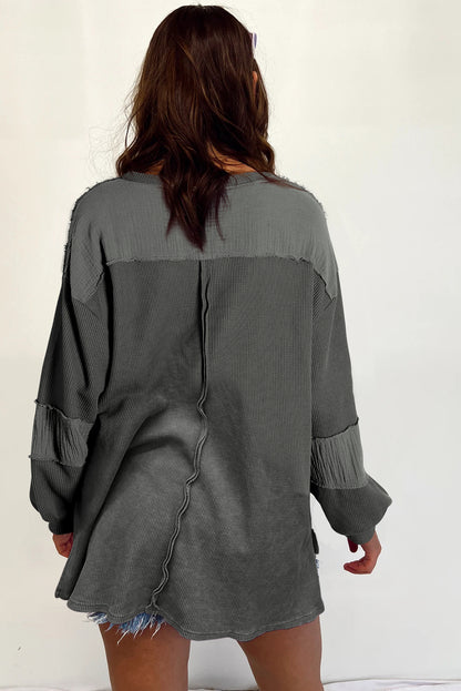 Crinkle Patchwork Long Sleeve Top - Cowaa