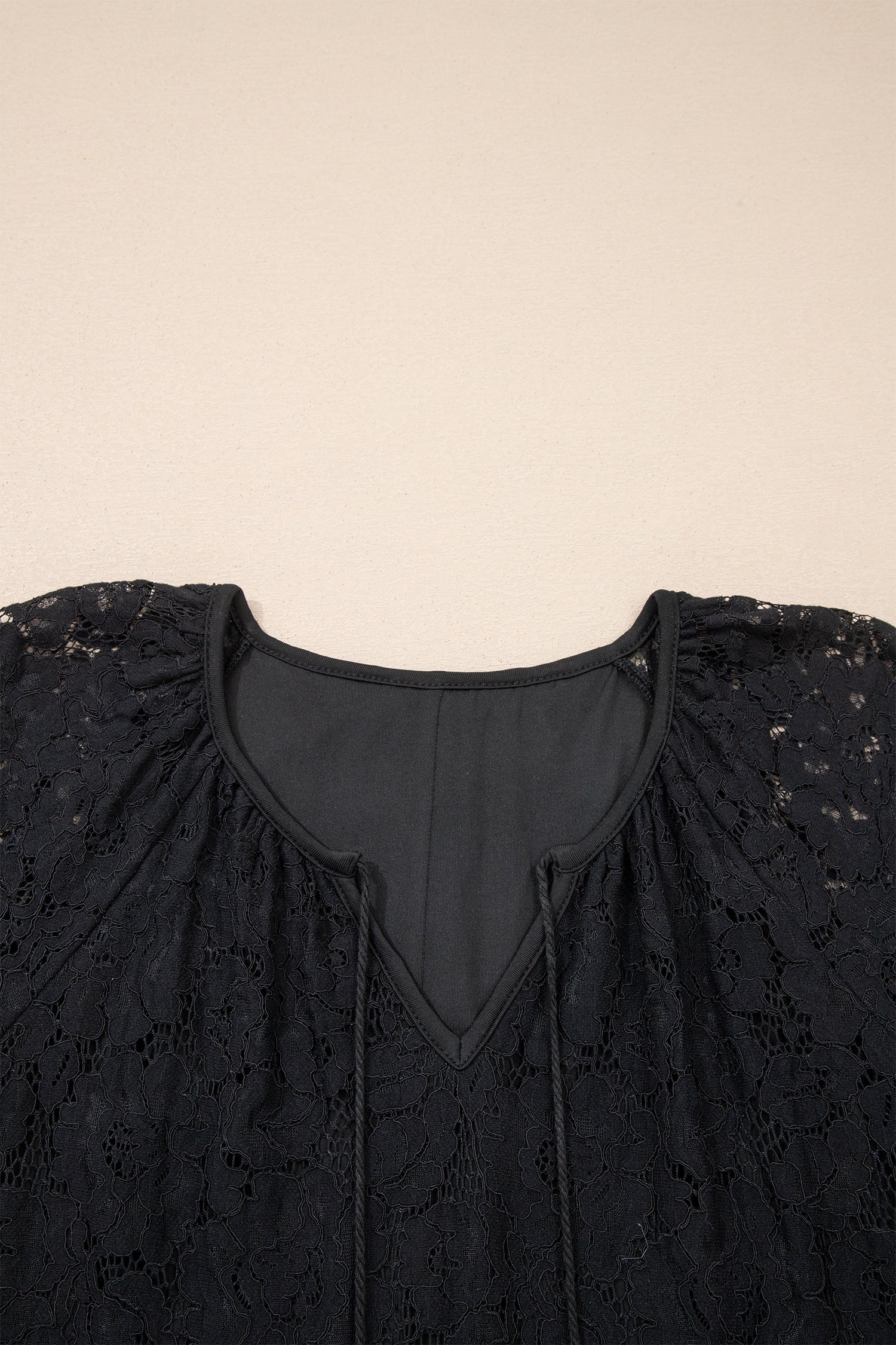 Black Floral Lace Overlay Tassel Tie Short Sleeve Beach Vacation Loose Maxi Dress - Cowaa