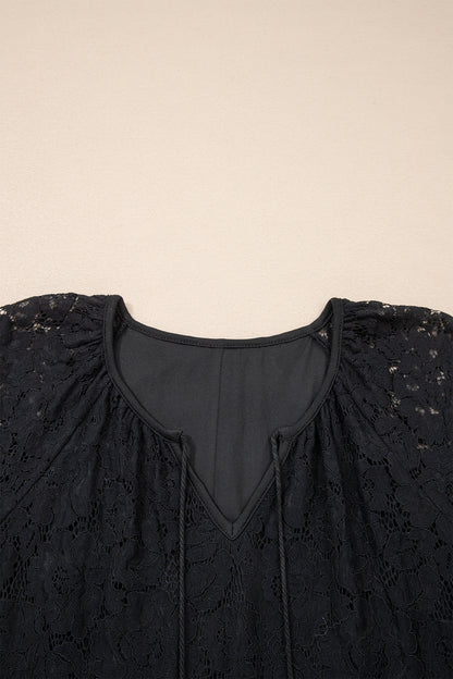 Black Floral Lace Overlay Tassel Tie Short Sleeve Beach Vacation Loose Maxi Dress - Cowaa