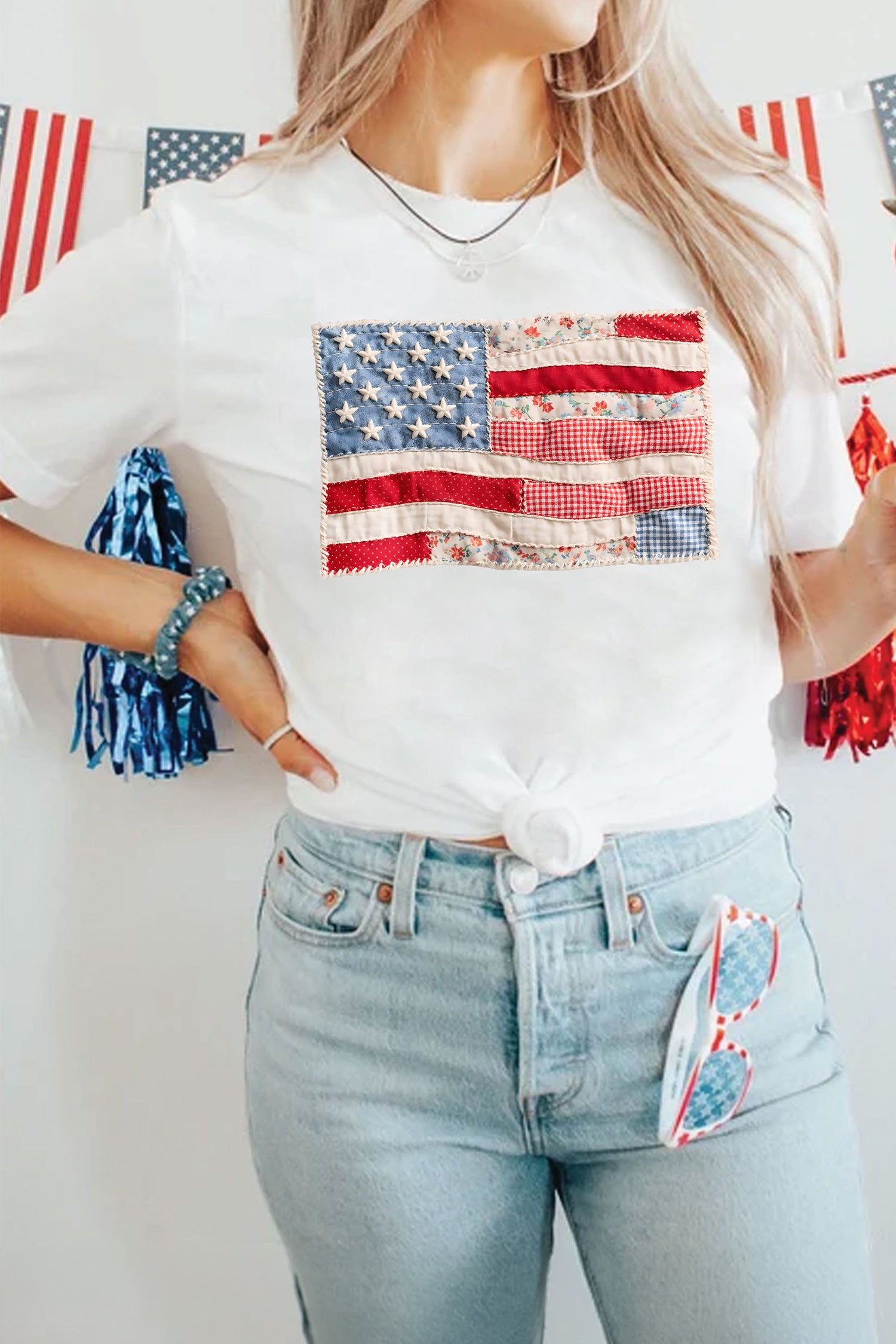 White Faux Patchwork Printed US Flag Casual Tee - Cowaa