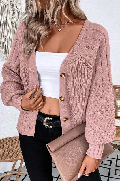 Light Pink Mixed Texture Knit Button V Neck Sweater Cardigan - Cowaa