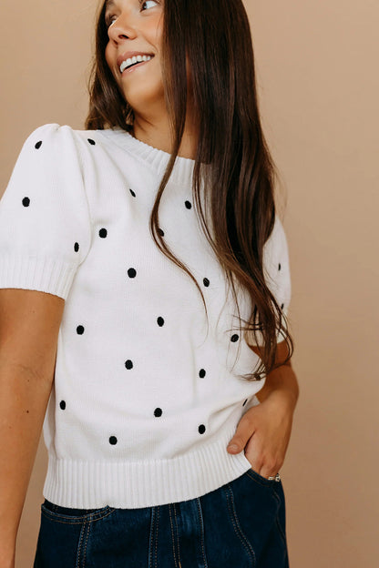 White Elegant Polka Dot Bubble Short Sleeve Sweater - Cowaa