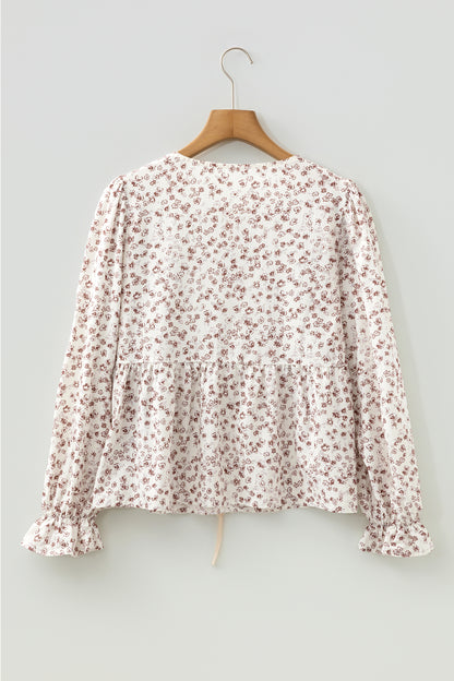 White Bow Tie Front Floral Print Flounce Sleeve Peplum Blouse