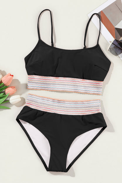 Black Striped Patchwork Spaghetti Strap High Waist Bikini Set - Cowaa