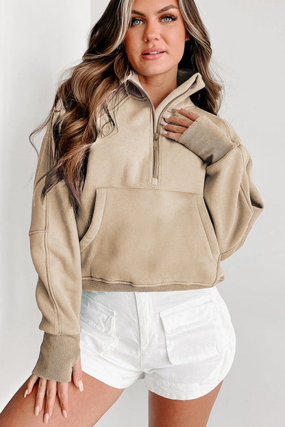 Brown Zip Up Stand Collar Thumbhole Sleeve Sweatshirt - Cowaa