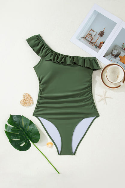 Red Dahlia Solid Color Ruffle Trim Asymmetric Neck One Piece Swimsuit
