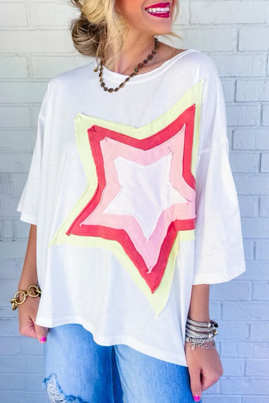 White Colorblock Star Patched Half Sleeve Oversized Tee - Cowaa