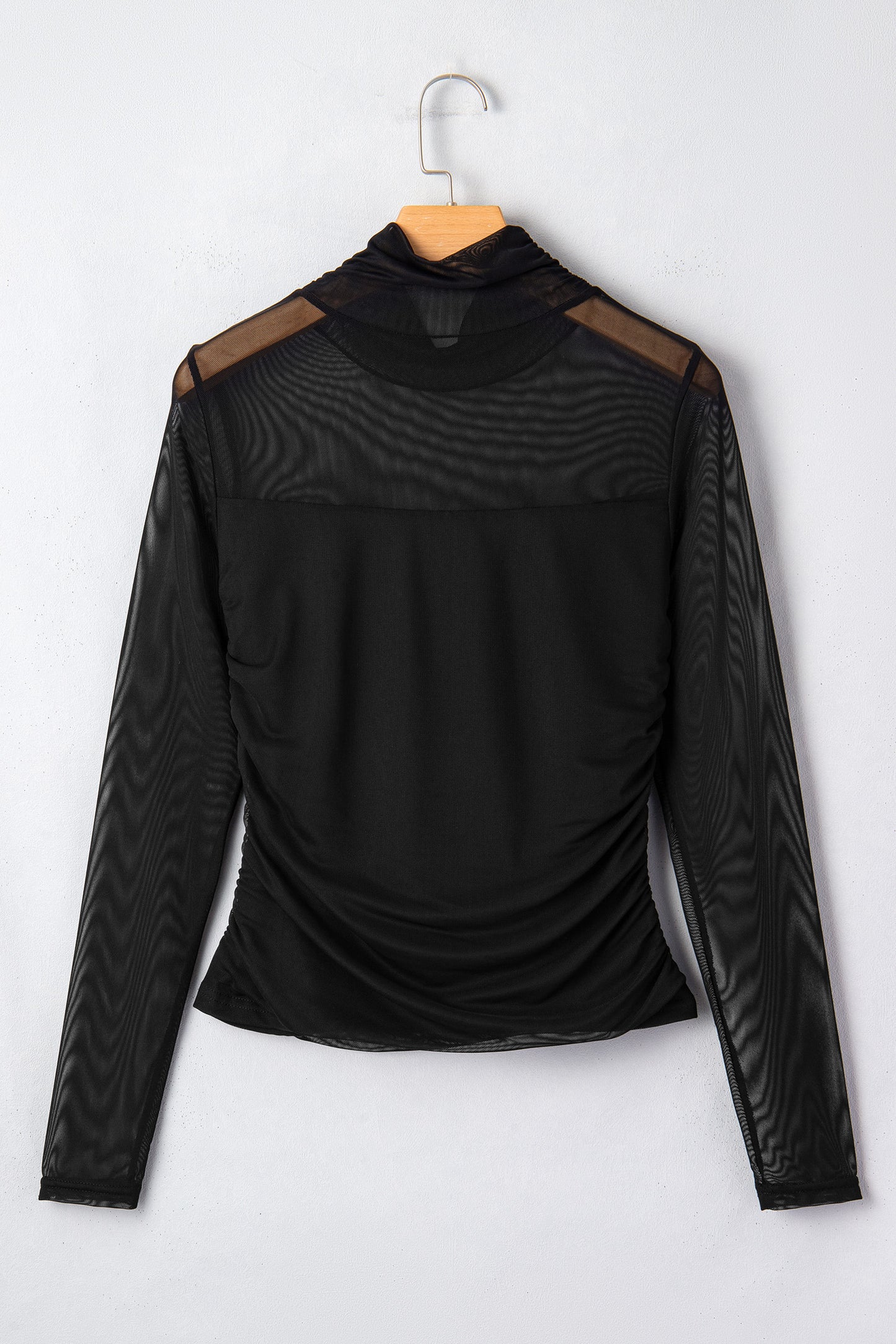 Black Sheer Mesh Patchwork High Neck Long Sleeve Top