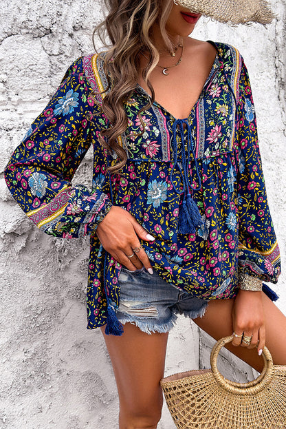 Blue Bohemian Floral Print Tassel Tie Front Long Sleeve Blouse - Cowaa