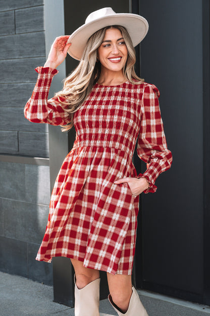 Red Plaid Print Smocked Puff Sleeve Mini Dress - Cowaa
