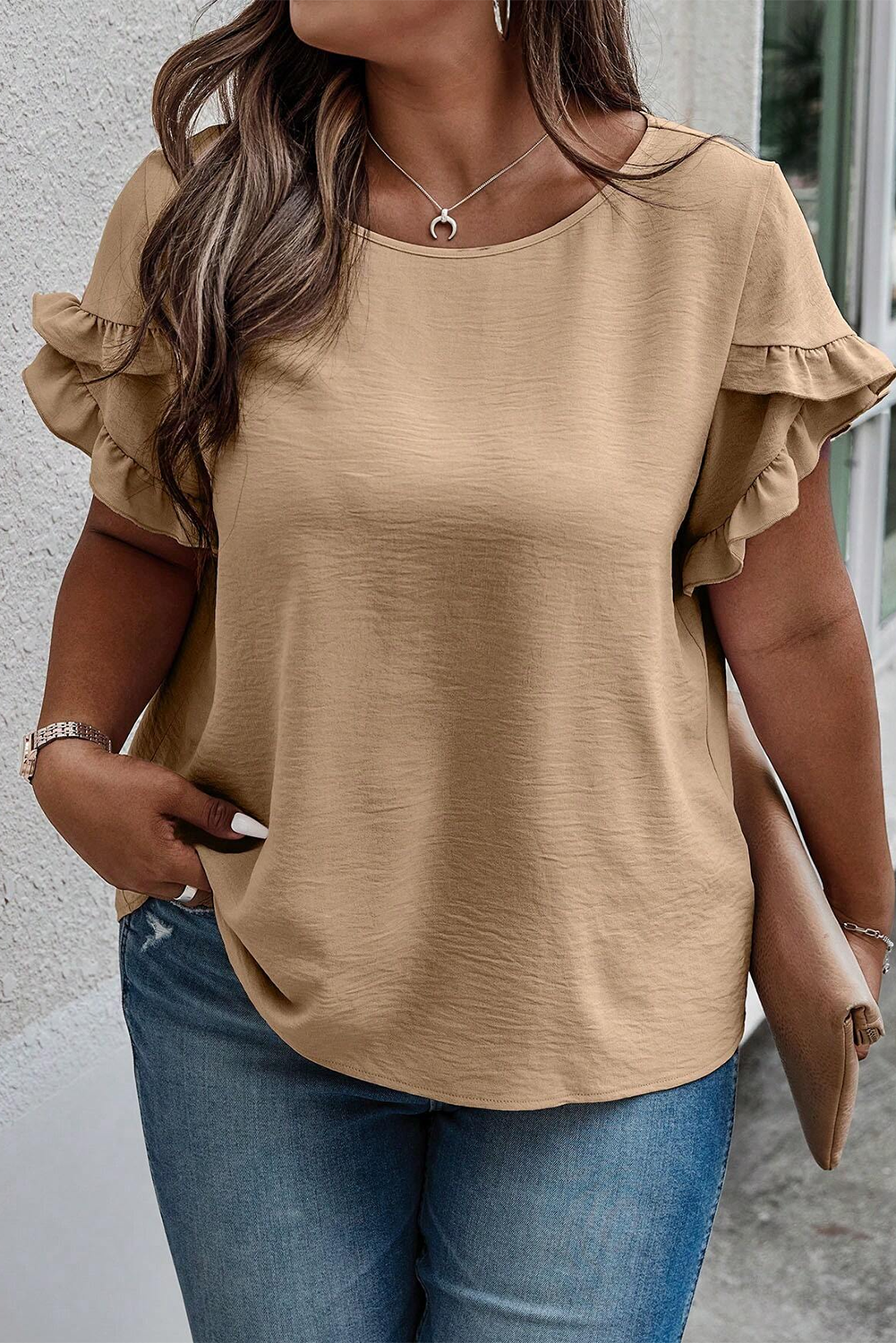 Black Ruffled Short Sleeve Plus Size Top - Cowaa