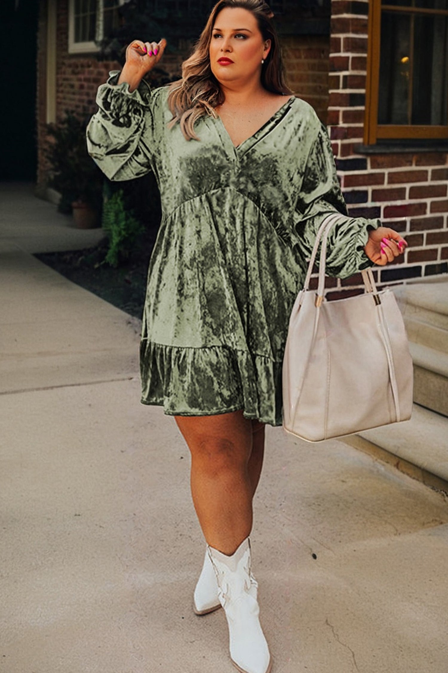 Jungle Green Plus Size Velvet Babydoll Mini Dress with Puff Sleeve - Cowaa