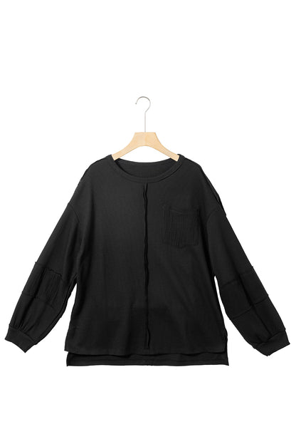 Crinkle Patchwork Long Sleeve Top - Cowaa