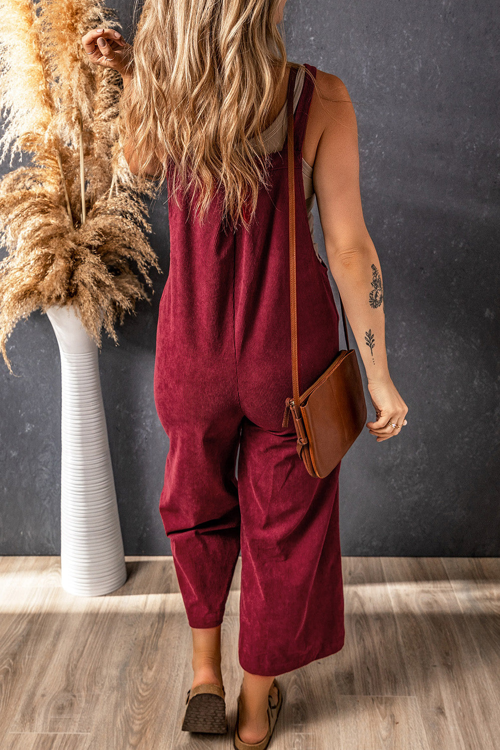 Brown Solid Color Corduroy Wide Leg Bib Overalls