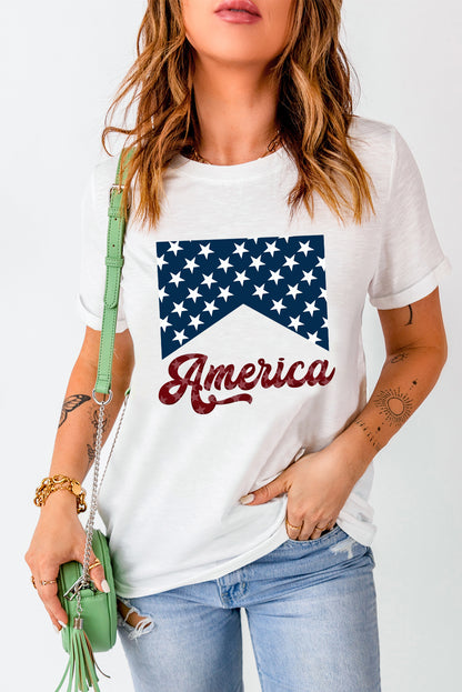 White Casual America Stars Graphic Crew Neck T Shirt - Cowaa